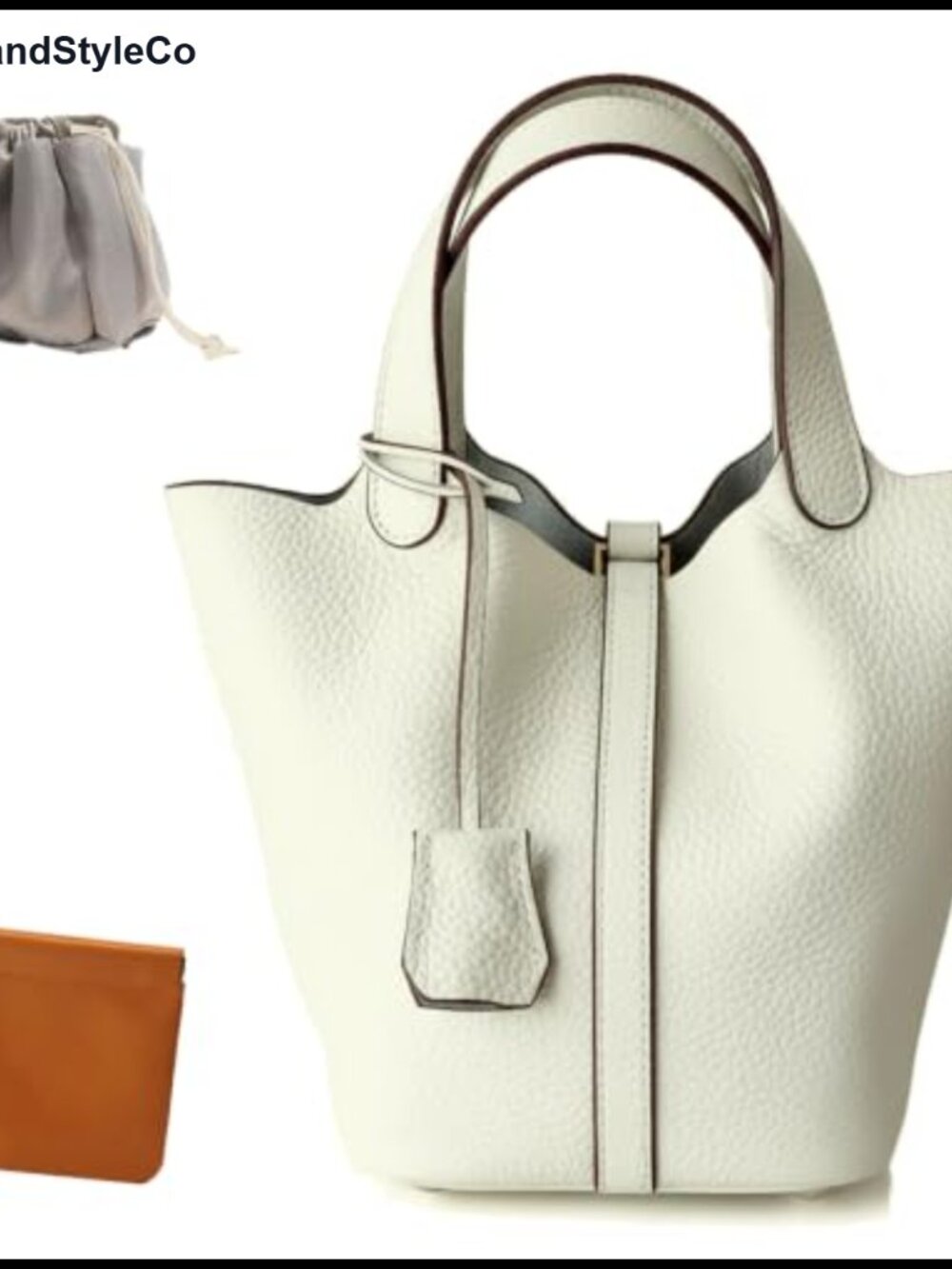 Genuine Leather Bucket Bag Satchel Handbag Detachable Pouch Gold-Tone Lock